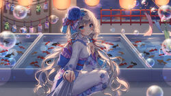  backlighting bad_id bad_pixiv_id bag blue_eyes blue_flower blue_rose blush bow bubble drawstring_bag ema female festival fish flower frilled_kimono frills gakushin_(houchi_shoujo) goldfish goldfish_scooping hair_flower hair_ornament hairbow hand_on_own_chest highres houchi_shoujo japanese_clothes jewelry kimono kinchaku lantern long_hair looking_at_viewer obi paper_lantern pouch ring rose sash shiro_albino solo squatting tanzaku tug very_long_hair water wavy_hair white_hair white_kimono wind_chime 