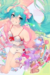  absurdres aqua_eyes aqua_hair armpit_crease artist_name babydoll bad_id bad_pixiv_id bow breasts collarbone colorful commentary feet_out_of_frame female floating_hair food grin hairband hatsune_miku highres hood hoodie looking_at_viewer loose_socks macaron mazamuno midriff off_shoulder pink_bow pink_hair pink_socks polka_dot polka_dot_bow polka_dot_shirt red_bow shirt shooting_star shorts small_breasts smile socks solo star_(symbol) striped_clothes striped_hoodie stuffed_animal stuffed_cat stuffed_penguin stuffed_rabbit stuffed_snake stuffed_toy sweater teddy_bear teeth vocaloid white_shorts white_socks 