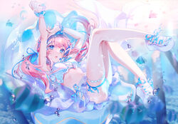  a20_(atsumaru) absurdres air_bubble blue_eyes blue_hair breasts bubble female full_body hanagumo_kuyuri highres hitotose_tanteidan long_hair looking_at_viewer medium_breasts multicolored_hair oerba_yun_fang pink_hair scrunchie skin_fang solo two-tone_hair virtual_youtuber wrist_scrunchie 