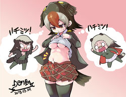  3girls :t alternate_design animal_ears annoyed arm_up badger_ears badger_girl badger_tail bandaid bandaid_on_face bandaid_on_nose belly bird_girl bird_tail bird_wings black_hair blank_eyes breasts cape check_translation chibi cleavage clothes_lift dated den_(zeroshiki) greater_honeyguide_(kemono_friends) hair_between_eyes hands_up head_wings imagining kemono_friends lifting_own_clothes long_hair long_sleeves looking_down miniskirt multicolored_eyes multicolored_hair multiple_girls navel o_o oerba_yun_fang open_clothes open_mouth open_shirt pantyhose plump pout ratel_(kemono_friends) red_eyes shirt_lift shirt_under_shirt skindentation skirt stomach sweater tail thighhighs thought_bubble translation_request tsurime underboob undershirt v-shaped_eyebrows weight_conscious wings yellow_eyes zettai_ryouiki 