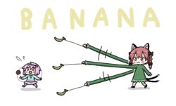  2girls :3 animal_ears bad_id bad_twitter_id banana black_bow blouse blue_shirt bow braid cat_ears cat_girl cat_tail chasing chibi closed_eyes collared_shirt dress extra_ears eyeball food frilled_dress frilled_shirt_collar frills fruit hairband hairbow heart kaenbyou_rin komeiji_satori long_arms long_sleeves medium_hair multiple_girls multiple_tails open_mouth pink_hair red_eyes red_hair renge_(geso) running scared shirt short_hair simple_background tail third_eye touhou twin_braids white_background 