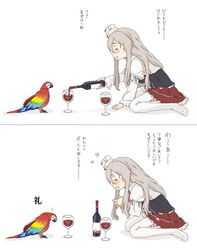  1other aka_ringo alcohol animal bird black_corset blush bottle brown_hair closed_eyes corset cup drinking_glass female hair_between_eyes hat heart highres kantai_collection long_hair long_sleeves macaw mini_hat miniskirt motion_lines open_mouth parrot pleated_skirt pola_(kancolle) red_skirt scarlet_macaw shirt simple_background skirt thighhighs translation_request wavy_hair white_background white_headwear white_legwear white_shirt wine wine_bottle wine_glass 