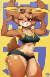  abs anthro antlers athletic athletic_anthro athletic_female bodily_fluids bottomwear bra breasts brown_body brown_fur clothing deer female flexing fur halo hi_res horn hotpants kokoni kokoni_(character) looking_at_viewer mammal midriff one_eye_closed shorts smile solo sports_bra sweat thick_thighs underwear wink winking_at_viewer 