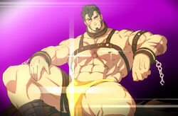  1boy abs ass_visible_through_thighs bara bare_pectorals blush brown_hair bulge chains chest_harness collar cross_scar cuffs facial_hair flaming_eye goatee handcuffs harness heracles_(housamo) kill_la_kill kito_(clamp5656) large_pectorals loincloth long_sideburns looking_at_viewer male_focus metal_collar muscular muscular_male navel nipples pectorals revealing_clothes scar scar_on_chest short_hair sideburns solo sparkle spread_legs thick_thighs thighs tokyo_afterschool_summoners 