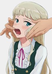  aikatsu! aikatsu!_(series) blonde_hair blue_eyes blush female highres long_hair open_mouth osame simple_background solo_focus teeth todo_yurika tongue white_background 