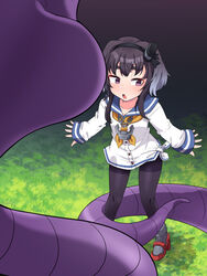  amagaeru_(hylathewet) arbok black_hair black_pantyhose blue_sailor_collar blush commentary_request commission crossover dress female grass grey_hair hairband highres kantai_collection long_sleeves multicolored_hair neckerchief open_mouth orange_neckerchief pantyhose pokemon pokemon_(creature) purple_eyes rudder_footwear sailor_collar sailor_dress short_hair_with_long_locks skeb_commission standing tokitsukaze_(kancolle) white_dress 