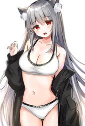  animal_ear_fluff animal_ears bad_id bad_twitter_id bare_shoulders black_jacket bra breasts cat_ears cleavage collarbone cowboy_shot female grey_hair hand_up head_tilt highres jacket katsushika_pachi large_breasts long_hair long_sleeves looking_at_viewer navel off_shoulder open_clothes open_jacket open_mouth original panties red_eyes simple_background solo standing stomach thighs underwear very_long_hair white_background white_bra white_panties 