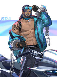  1boy abs absurdres bara bare_pectorals beard biceps bicycle black_hair blue_eyes body_hair broad_shoulders chains chest_hair collar facial_hair glasses gloves highres jacket large_pectorals league_of_legends long_hair looking_at_viewer male_focus manly mature_male muscular muscular_male navel navel_hair nipples open_clothes open_jacket pants pectorals sideburns solo sunglasses sylas_(league_of_legends) tattoo tengo_(maotengo) thick_arms 