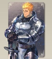  1boy arm_armor armor bara belt blonde_hair breastplate check_copyright closed_mouth commentary_request copyright_request gauntlets gloves knight leg_armor loincloth looking_at_viewer male_focus manly mature_male muscular muscular_male nikism original pectorals scar scar_on_face shoulder_armor smile solo standing sword thick_arms thick_eyebrows thick_thighs thighs tight_clothes weapon yellow_eyes 