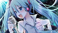  aqua_eyes aqua_hair aqua_nails aqua_necktie audience backlighting bare_shoulders black_sleeves blurry blurry_background blush collarbone commentary concert detached_sleeves female glowstick grey_shirt hair_ornament hatsune_miku headphones holding holding_microphone long_hair looking_to_the_side microphone microphone_stand music nail_polish necktie open_mouth portrait shirt shure_55sh singing sleeveless sleeveless_shirt smile solo spotlight sudachi_(calendar) twintails vocaloid 