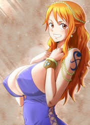  areola_slip bangle bare_shoulders beads blue_dress bracelet breasts breasts_squeezed_together cleavage commentary covered_navel covered_nipples cross-laced_clothes cross-laced_dress dress earrings female from_side grin hands_up jewelry large_breasts log_pose long_hair looking_at_viewer minpei_ichigo nami_(one_piece) official_alternate_costume one_piece orange_eyes orange_hair plunging_neckline puffy_nipples shoulder_tattoo sideboob sidelocks simple_background smile solo sunlight swept_bangs tattoo upper_body 