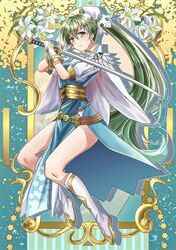  bad_id bad_pixiv_id belt blue_dress blush boots breasts capelet closed_mouth dress earrings eyelashes female fingerless_gloves fire_emblem fire_emblem:_the_blazing_blade fire_emblem_heroes flower full_body gloves green_eyes green_hair hair_between_eyes hands_up highres holding holding_sword holding_weapon jewelry katana knee_boots light_smile lily_(flower) long_hair looking_at_viewer lyn_(fire_emblem) lyn_(resplendent)_(fire_emblem) medium_breasts pelvic_curtain ponytail puffy_short_sleeves puffy_sleeves shadow short_sleeves solo sword thighs v-shaped_eyebrows very_long_hair vuja3758 weapon white_capelet white_footwear white_gloves white_headwear 