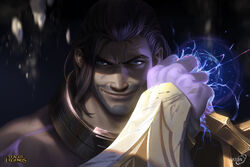  1boy artist_name black_hair blue_eyes chains collar dirty facial_hair league_of_legends logo long_hair looking_at_viewer male_focus manly mature_male muscular muscular_male saturn_(satscarlet) smile solo stubble sylas_(league_of_legends) upper_body 