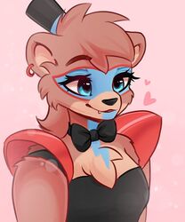  2022 animatronic anthro bear bow_(feature) bow_tie clothed clothing digital_media_(artwork) ear_piercing ear_ring eyelashes female five_nights_at_freddy&#039;s five_nights_at_freddy&#039;s:_security_breach glamrock_freddy hair hat headgear headwear heart_symbol machine makeup mammal piercing ring_piercing robot robot_anthro rule_63 scottgames smile solo steel_wool_studios top_hat valeria_fills 