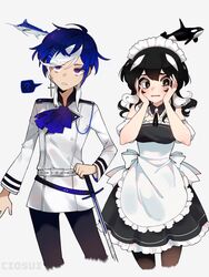  1boy black_eyes black_hair black_legwear blue_hair ciosuii cross cross_earrings earrings female holding holding_sword holding_weapon jewelry long_hair maid marlin_(fish) multicolored_hair orca original pantyhose personification purple_eyes short_hair single_earring swept_bangs sword weapon white_hair 