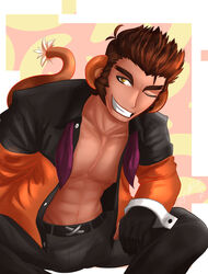  abs bara belt brown_body brown_hair brown_skin bulge chester_(fnac) chimpanzee ear fazbear_fanverse five_nights_at_candy&#039;s flaccid gloves humanized kemono looking_at_viewer looking_away looking_to_the_side male male_focus male_only manly manspreading monkey_ears monkey_tail muscular_male one_eye_closed open_clothes open_shirt pants pecs penis_outline presenting safe smile solo solo_male spread_legs tail tan_body tie watermark wolf_con_f 