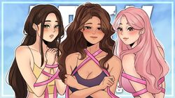  3girls aches big_breasts bordie breasts cleavage female female_focus female_only full_color harem heyimbee human human_only light-skinned_female looking_at_viewer lumiixq multiple_girls pink_hair pout pouty_lips restrained restrained_arms ribbons simple_background smirk smirking_at_viewer tan-skinned_female tan_skin tank_top thumbnail tied_up upper_body white_female young youtube youtuber youtubers 