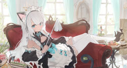  alternate_costume animal_ears apron arknights black_sleeves blue_bow blue_bowtie blue_eyes bow bowtie cat_ears cat_girl cat_tail closed_mouth commentary_request couch cup detached_sleeves enmaided female food full_body highres holding holding_with_tail indoors long_hair looking_at_viewer macaron maid maid_apron maid_headdress mint_(arknights) on_couch plate prehensile_tail pulling_off_legwear saucer solo tail tea teacup teapot thighhighs tiered_tray very_long_hair white_apron white_hair white_headdress white_thighhighs wiersa window 