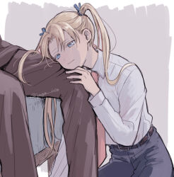  1boy black_pants blonde_hair blue_eyes brown_pants female gunslinger_girl head_on_another&#039;s_leg head_rest jaga_rico lap_pillow long_hair necktie on_bed out_of_frame pants red_necktie shirt simple_background sitting solo_focus third-party_source triela twintails twitter_username victor_hillshire white_shirt 