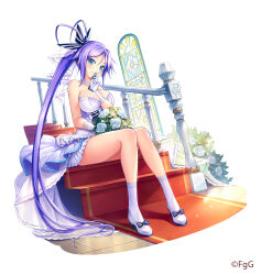  blue_bow blue_eyes bouquet bow breasts closed_mouth commentary_request dare_ga_tame_no_alchemist dress female full_body gloves hairbow high-low_skirt high_heels highres holding holding_bouquet indoors large_breasts long_hair looking_at_viewer official_alternate_costume official_art pleated_skirt ponytail purple_dress purple_footwear purple_gloves purple_hair purple_skirt purple_socks second-party_source shayna_(dare_ga_tame_no_alchemist) sitting skirt smile socks solo stairs thighs very_long_hair wedding_dress white_dress white_gloves white_skirt 