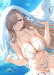  absurdres asuna_(blue_archive) bikini blue_archive blue_eyes blue_ribbon blush breasts brown_hair cleavage closed_mouth collarbone day female hair_over_one_eye hair_ribbon highres jewelry large_breasts light_brown_hair long_hair looking_at_viewer mole mole_on_breast navel necklace one_eye_covered outdoors ribbon smile solar_(happymonk) stomach swimsuit water_drop white_bikini 