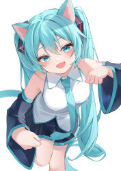  absurdres animal_ears aqua_eyes aqua_hair aqua_nails aqua_necktie bare_shoulders black_sleeves breasts cat_ears cat_girl cat_tail detached_sleeves female grey_shirt hair_ornament hatsune_miku headset highres long_hair looking_at_viewer medium_breasts necktie number_tattoo open_mouth ryaru_ryaru shirt simple_background skirt solo tail tattoo thighhighs twintails very_long_hair vocaloid white_background wide_sleeves 