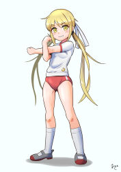  akashieru blonde_hair buruma commentary_request female full_body gym_shirt gym_uniform highres kantai_collection long_hair looking_at_viewer low_twintails one-hour_drawing_challenge red_buruma satsuki_(kancolle) shirt shoes simple_background socks solo stretching t-shirt twintails uwabaki white_background white_shirt white_socks yellow_eyes 