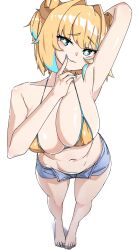  +_+ arm_behind_head armpits barefoot bikini blonde_hair blue_eyes blue_hair blue_nails blush bombergirl breasts cleavage commentary_request explosive female fingernails from_above full_body gold_bikini grenade grenade_hair_ornament hair_intakes highres large_breasts looking_at_viewer navel nouka oerba_yun_fang open_fly open_mouth pine_(bombergirl) raised_eyebrows shiny_skin short_hair short_shorts shorts simple_background skin_fang smile smug solo standing swimsuit toenails white_background 