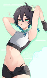  1boy absurdres aqua_eyes arms_up black_gloves black_hair black_panties black_shirt black_shorts blue_hair braid chobonu closed_mouth flower genshin_impact gloves gradient_hair green_background hair_ornament highres looking_at_viewer male_focus midriff multicolored_hair multicolored_shirt navel otoko_no_ko panties shirt shorts solo stomach twin_braids underwear venti_(genshin_impact) white_flower white_shirt 