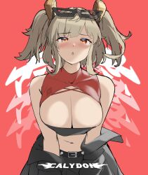  belly belt blonde_hair blush breast_focus breasts burnice_white cleavage english_text eyewear_on_head female freshtango glasses highres jacket large_breasts navel open_mouth red_background red_eyes skirt strapless tinted_eyewear tube_top twintails zenless_zone_zero 