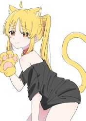  818_seki ahoge animal_ears animal_hands bell black_shirt blonde_hair bocchi_the_rock! cat_ears cat_girl cat_paws cat_tail collar female highres ijichi_nijika jingle_bell kemonomimi_mode light_blush long_hair looking_at_viewer loose_clothes orange_eyes oversized_clothes oversized_shirt paw_pose shirt simple_background smile solo t-shirt tail white_background 