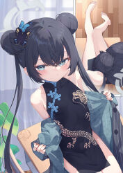  absurdres barefoot black_dress black_gloves black_hair blue_archive blush braid braided_bun breasts butterfly_hair_ornament china_dress chinese_clothes coat desk double_bun dragon_print dress female gloves grey_coat grey_eyes grey_halo hair_bun hair_ornament halo highres jacket kisaki_(blue_archive) kuroida long_hair looking_at_viewer multiple_views pelvic_curtain pinstripe_jacket pinstripe_pattern print_dress school_desk sitting sleeveless sleeveless_dress small_breasts solo striped_clothes striped_jacket twintails vertical-striped_clothes vertical-striped_jacket 