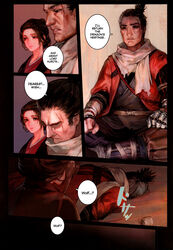    1boy 1girls aoin comic comic_page detailed detailed_background dialogue doujin emma_(sekiro) english_text female fromsoftware full_color fully_clothed japanese_clothes kimono male passed_out sekiro sekiro:_shadows_die_twice unconscious unconscious_male 