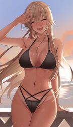  absurdres bikini black_bikini blush breasts brown_hair facing_viewer female furen_e_lustario hair_between_eyes hand_up happy highres hikaruyusi large_breasts long_hair navel nijisanji ocean open_mouth outdoors smile solo standing swimsuit tan tanlines teeth tongue upper_teeth_only very_long_hair virtual_youtuber 