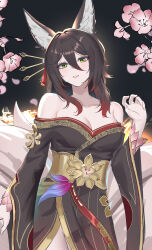  absurdres animal_ears anoreika_tomoe bare_shoulders black_robe breasts brown_hair cleavage commentary cowboy_shot female fox_ears fox_tail fugue_(honkai:_star_rail) gradient_hair green_eyes grin hair_between_eyes hand_up head_tilt highres honkai:_star_rail honkai_(series) long_hair long_sleeves looking_at_viewer multicolored_hair off_shoulder parted_lips red_hair robe smile solo standing tail tingyun_(honkai:_star_rail) 