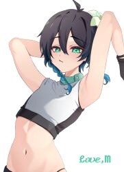  1boy absurdres aqua_eyes arms_up black_gloves black_hair black_shirt black_shorts blue_hair braid chobonu closed_mouth flower genshin_impact gloves gradient_hair hair_ornament highres looking_at_viewer male_focus midriff multicolored_hair multicolored_shirt navel otoko_no_ko shirt shorts solo stomach twin_braids venti_(genshin_impact) white_background white_flower white_shirt 