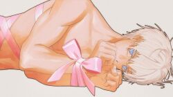  1boy blue_eyes bondage bondage bound bound_wrists collarbone commentary covered_mouth english_commentary gimmeyourmoni gojou_satoru grey_background hair_between_eyes highres jujutsu_kaisen looking_at_viewer lying male_focus meme naked_ribbon nude on_side photo-referenced pink_ribbon ribbon short_hair simple_background solo upper_body white_hair wintam_ribbon_bondage_(meme) 