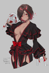  absurdres black_dress black_thighhighs breast_tattoo breasts brown_hair cleavage cowboy_shot dark_skin dress female garter_straps highres holding holding_mask la_manchaland_(identity)_(project_moon) large_breasts limbus_company looking_at_viewer mask multicolored_hair outis_(project_moon) parted_lips project_moon short_hair smile solo streaked_hair tattoo thighhighs tori_(pippikasu) 