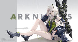  absurdres adapted_costume animal_ears arknights artist_logo bare_legs bare_shoulders black_footwear black_jacket boots breasts character_name collar commentary commission copyright_name female full_body green_eyes green_leotard hand_on_own_head highres jacket kal&#039;tsit_(arknights) legs leotard lu_(pixiv20967832) medium_breasts medium_hair open_clothes open_jacket rain sitting solo wet white_collar white_hair 