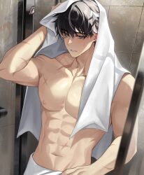  1boy abs bath bathroom black_hair blue_eyes closed_mouth earrings genshin_impact hair_between_eyes highres jewelry male_focus multicolored_hair muscular muscular_male navel nipples scar short_hair solcha stomach streaked_hair topless_male towel towel_around_waist towel_on_head white_hair wriothesley_(genshin_impact) 