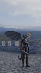  3d_(artwork) absurd_res anthro blender_cycles digital_media_(artwork) dragon eliora_vohnekryl female hi_res horn knight looking_at_viewer melee_weapon mythological_creature mythological_scalie mythology pukhnastyy_aks scalie solo sword tail warrior weapon wings 