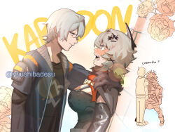  1boy artist_name black_jacket blush breasts caesar_king_(zenless_zone_zero) eye_contact female from_side fur-trimmed_jacket fur_trim green_hair grey_hair highres jacket large_breasts looking_at_another multiple_views open_mouth short_hair smile sweat trembling upper_body wise_(zenless_zone_zero) yuushiba zenless_zone_zero 