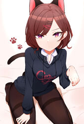  absurdres animal_ears bed_sheet black_jacket breasts brown_hair brown_pantyhose cat_ears cat_girl cat_tail choumi_wuti_(xueye_fanmang_zhong) closed_mouth collared_shirt commentary_request drawstring female hair_ornament hairclip hand_up highres higuchi_madoka idolmaster idolmaster_shiny_colors jacket kemonomimi_mode looking_at_viewer mole mole_under_eye no_shoes pantyhose purple_eyes seiza shirt sitting small_breasts soles solo swept_bangs tail thighband_pantyhose white_shirt 