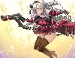  ammunition black_gloves black_hairband breasts brown_thighhighs closed_mouth commentary_request detached_sleeves dress drill_hair female foot_out_of_frame gloves gradient_background gun hair_between_eyes hair_ornament hairband handgun holding holding_gun holding_weapon hyakumantenbara_salome hyakumantenbara_salome_(1st_costume) large_breasts long_hair looking_at_viewer mauser_c96 multicolored_background nijisanji nishii_(damnedrive) orange_background panties panty_peek red_dress red_sleeves rifle_cartridge smile solo sparkle thighhighs thighs underwear virtual_youtuber weapon white_background white_hair white_panties yellow_background 