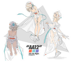  aa-12_(girls&#039;_frontline) ahoge belt breasts bright_pupils casual_one-piece_swimsuit character_name cleavage closed_mouth coat english_text female girls&#039;_frontline grey_hair highres holding_sewing_needle long_sleeves multiple_views one-piece_swimsuit red_belt see-through see-through_coat shoes short_hair silverwing sneakers swimsuit triangle white_background white_footwear white_headwear white_one-piece_swimsuit white_pupils 