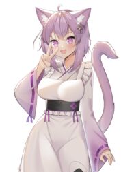  2020 absurd_res animal_humanoid blush breasts cat_humanoid clothing cute_fangs digital_media_(artwork) dress ear_piercing felid felid_humanoid feline feline_humanoid female gesture grey_hair hair hand_gesture hi_res hololive humanoid inner_ear_fluff kemo_neko looking_at_viewer mammal mammal_humanoid okayu_nekomata open_mouth piercing shaded simple_background smile solo tuft v_sign vtuber white_background 