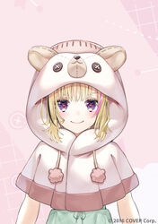  animal_hood bear_hood blonde_hair capelet closed_mouth dress female green_dress heart heart-shaped_pupils hololive hood hood_up hooded_capelet kagawa_ichigo looking_at_viewer medium_hair multicolored_hair official_alternate_costume official_alternate_hair_length official_alternate_hairstyle official_art omaru_polka omaru_polka_(street_casual) pink_hair purple_eyes smile solo streaked_hair symbol-shaped_pupils upper_body virtual_youtuber watermark white_capelet 