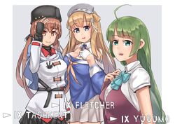  3girls absurdres ahoge anchor_necklace black_bow black_gloves black_headwear black_skirt blonde_hair blouse blue_shawl blue_shirt bow bowtie braid breasts brown_eyes brown_hair double_bun fingerless_gloves fletcher_(kancolle) fur_hat garylin gloves green_hair hair_bun hair_ornament hairband hairbow hat highres jacket jewelry kantai_collection large_breasts long_hair long_sleeves low_twintails multiple_girls neckerchief necklace off_shoulder orange_neckerchief papakha pleated_skirt purple_eyes red_shirt ribbon_trim sailor_collar scarf school_uniform serafuku shawl shirt short_sleeves single_braid skirt star_(symbol) star_hair_ornament tashkent_(kancolle) twintails untucked_shirt very_long_hair white_gloves white_jacket white_sailor_collar white_scarf white_shirt white_skirt world_of_warships yuugumo_(kancolle) yuugumo_kai_ni_(kancolle) 