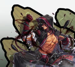  1boy abs bandages bara belt biceps black_hair blood clenched_hands clenched_teeth commentary_request dated dungeon_and_fighter facial_hair fighter_(dungeon_and_fighter) fighting_stance from_side gauntlets injury jacket jin_(sirius-j) large_pectorals long_hair male_fighter_(dungeon_and_fighter) male_focus muscular muscular_male navel nipples pants pectorals profile red_eyes robe rock scar scar_on_chest scar_on_face scar_on_stomach scribble sideburns signature solo teeth topless_male torn_clothes 