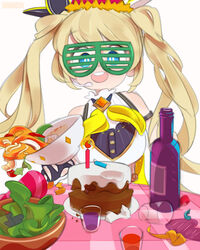  blonde_hair blue_eyes bottle bowl breasts cake cup female food headset highres looking_at_viewer medium_breasts nijisanji nijisanji_id onionsketch open_mouth salad shutter_shades smile solo spill straight-on twintails virtual_youtuber wine_bottle zea_cornelia 